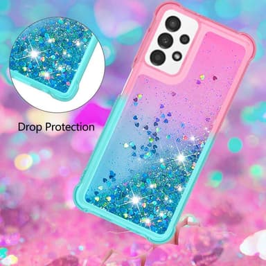 SKALO Samsung A13 4G Kvicksand Glitter Hjerter TPU Cover - Pink-Turkis