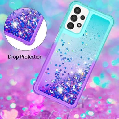 SKALO Samsung A13 4G Kvicksand Glitter Hjerter TPU Cover - Turkis-Lilla