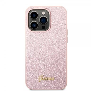Guess iPhone 14 Pro Max Cover Glitter Flakes Metal Logo Lyserød