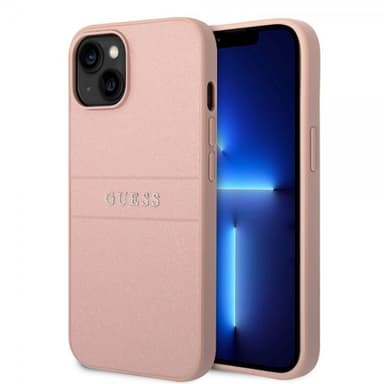 Guess iPhone 14 Plus Cover Saffiano Metal Logo Stripes Lyserød