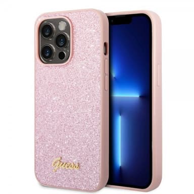 Guess iPhone 14 Pro Max Cover Glitter Flakes Metal Logo Lyserød