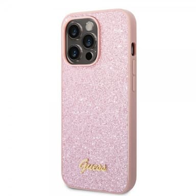 Guess iPhone 14 Pro Max Cover Glitter Flakes Metal Logo Lyserød