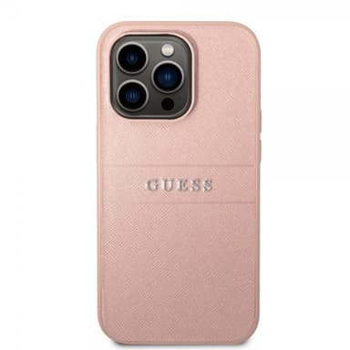 Guess iPhone 14 Pro Max Cover Saffiano Metal Logo Stripes Lyserød
