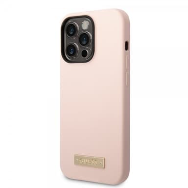 Guess iPhone 14 Pro Cover Silicone Metal Plate MagSafe Lyserød