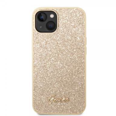 Guess iPhone 14 Plus Cover Glitter Flakes Metal Logo Guld