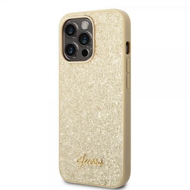 Guess iPhone 14 Pro Cover Glitter Flakes Metal Logo Guld