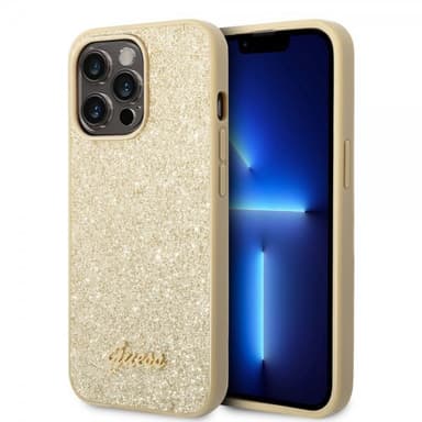 Guess iPhone 14 Pro Cover Glitter Flakes Metal Logo Guld