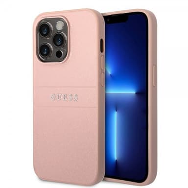 Guess iPhone 14 Pro Cover Saffiano Metal Logo Stripes Lyserød