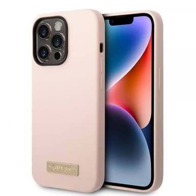 Guess iPhone 14 Pro Cover Silicone Metal Plate MagSafe Lyserød