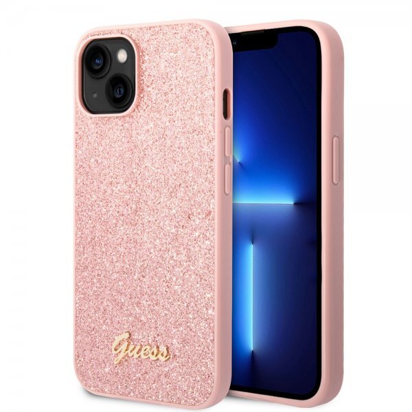 Guess iPhone 14 Plus Cover Glitter Flakes Metal Logo Lyserød