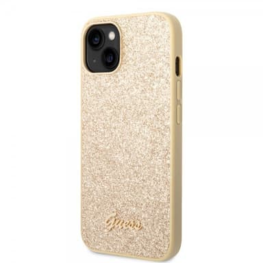 Guess iPhone 14 Plus Cover Glitter Flakes Metal Logo Guld