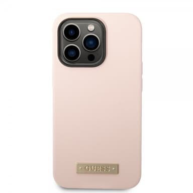 Guess iPhone 14 Pro Cover Silicone Metal Plate MagSafe Lyserød
