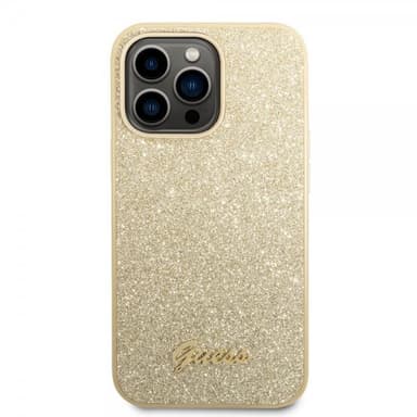Guess iPhone 14 Pro Cover Glitter Flakes Metal Logo Guld