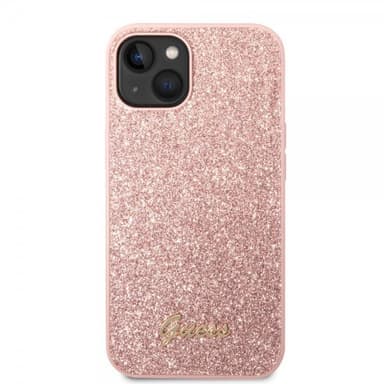 Guess iPhone 14 Plus Cover Glitter Flakes Metal Logo Lyserød
