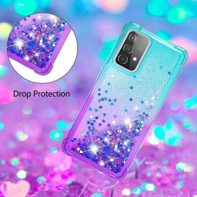 SKALO Samsung A52/A52s Kvicksand Glitter Hjerter TPU Cover - Turkis-Lilla