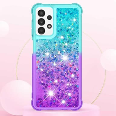 SKALO Samsung A13 4G Kvicksand Glitter Hjerter TPU Cover - Turkis-Lilla