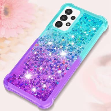 SKALO Samsung A13 4G Kvicksand Glitter Hjerter TPU Cover - Turkis-Lilla