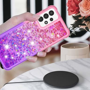 SKALO Samsung A13 4G Kvicksand Glitter Hjerter TPU Cover - Pink-Lilla