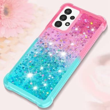 SKALO Samsung A13 4G Kvicksand Glitter Hjerter TPU Cover - Pink-Turkis