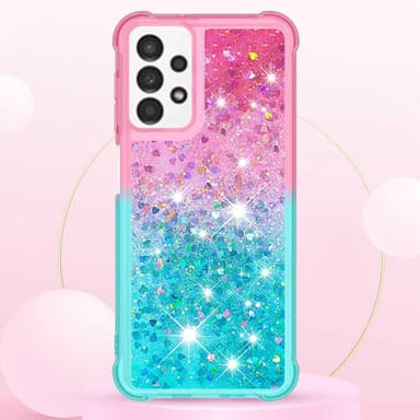 SKALO Samsung A13 4G Kvicksand Glitter Hjerter TPU Cover - Pink-Turkis