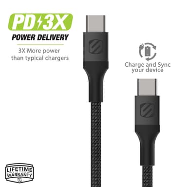 Strikeline Braided Ladekabel m/USB-C Til USB-C - 300 cm - Sort