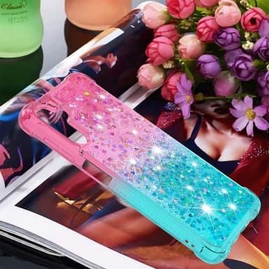 SKALO Samsung A34 5G Kvicksand Glitter Hjerter TPU Cover - Pink-Turkis