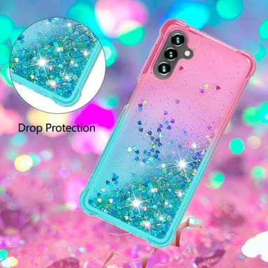 SKALO Samsung A34 5G Kvicksand Glitter Hjerter TPU Cover - Pink-Turkis