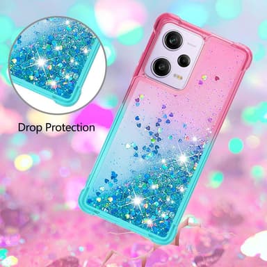 SKALO Xiaomi Redmi Note 12 Pro 5G Kvicksand Glitter Hjerter TPU Cover - Pink-Turkis