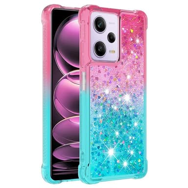 SKALO Xiaomi Redmi Note 12 Pro 5G Kvicksand Glitter Hjerter TPU Cover - Pink-Turkis