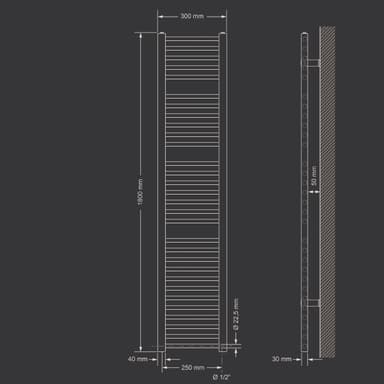 Elektrisk radiator 1200W Sahara 300 x 1800 mm hvid, sidetilslutning