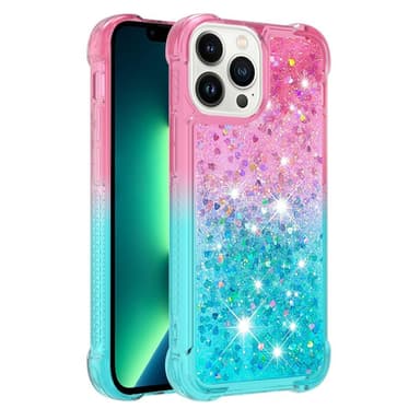 SKALO iPhone 15 Pro Max Kvicksand Glitter Hjerter TPU Cover - Pink-Turkis