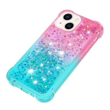 SKALO iPhone 15 Plus Kvicksand Glitter Hjerter TPU Cover - Pink-Turkis