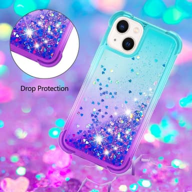 SKALO iPhone 15 Plus Kvicksand Glitter Hjerter TPU Cover - Turkis-Lilla