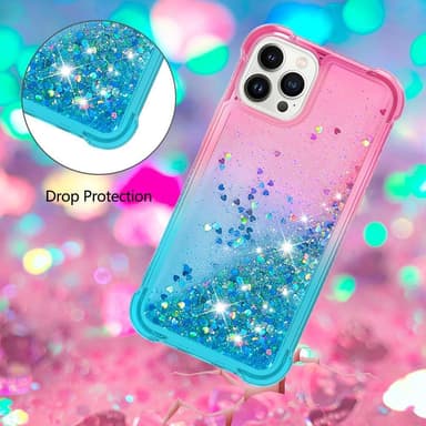 SKALO iPhone 15 Pro Max Kvicksand Glitter Hjerter TPU Cover - Pink-Turkis