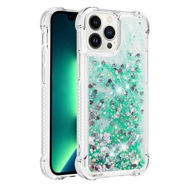 SKALO iPhone 15 Pro Kvicksand Glitter Hjerter TPU Cover - Grøn