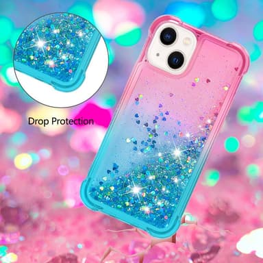 SKALO iPhone 15 Plus Kvicksand Glitter Hjerter TPU Cover - Pink-Turkis