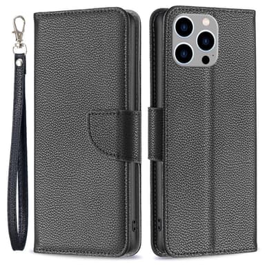 SKALO iPhone 15 Pro Max Litchi Flip Cover - Sort