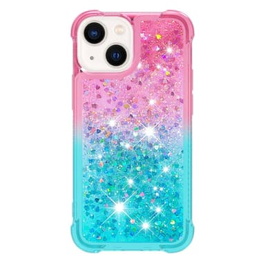 SKALO iPhone 15 Plus Kvicksand Glitter Hjerter TPU Cover - Pink-Turkis