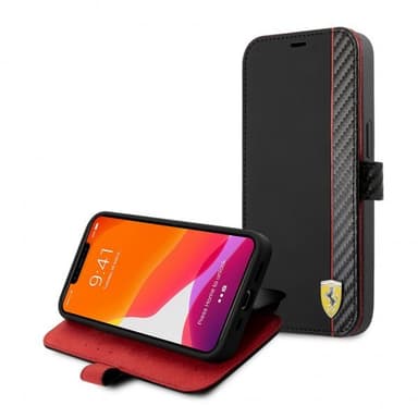 Ferrari iPhone 13 Mini Etui Carbon Effect Metal Logo Vertical Stripe Sort