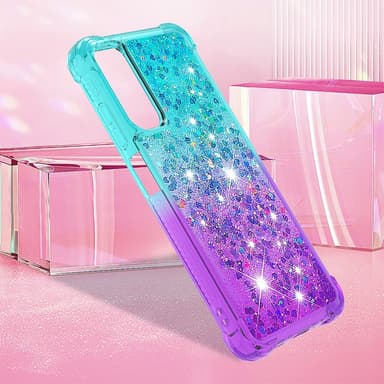 SKALO Samsung A05s 4G Kvicksand Glitter Hjerter TPU Cover - Turkis-Lilla