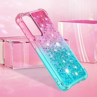 SKALO Samsung S23 FE Kvicksand Glitter Hjerter TPU Cover - Pink-Turkis