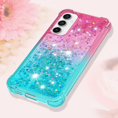 SKALO Samsung S23 FE Kvicksand Glitter Hjerter TPU Cover - Pink-Turkis