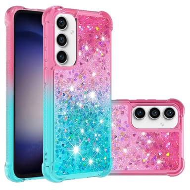 SKALO Samsung S23 FE Kvicksand Glitter Hjerter TPU Cover - Pink-Turkis
