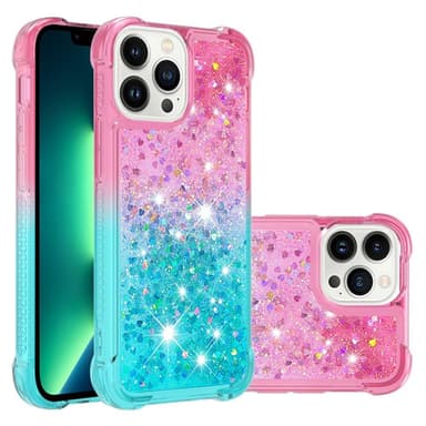 SKALO iPhone 15 Pro Max Kvicksand Glitter Hjerter TPU Cover - Pink-Turkis
