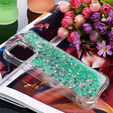 SKALO iPhone 15 Pro Kvicksand Glitter Hjerter TPU Cover - Grøn