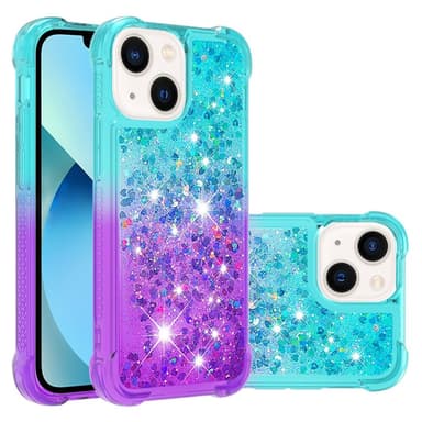 SKALO iPhone 15 Plus Kvicksand Glitter Hjerter TPU Cover - Turkis-Lilla