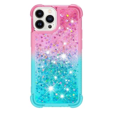 SKALO iPhone 15 Pro Max Kvicksand Glitter Hjerter TPU Cover - Pink-Turkis