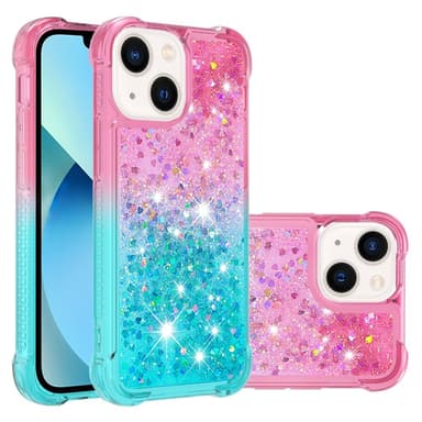 SKALO iPhone 15 Plus Kvicksand Glitter Hjerter TPU Cover - Pink-Turkis
