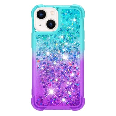 SKALO iPhone 15 Plus Kvicksand Glitter Hjerter TPU Cover - Turkis-Lilla