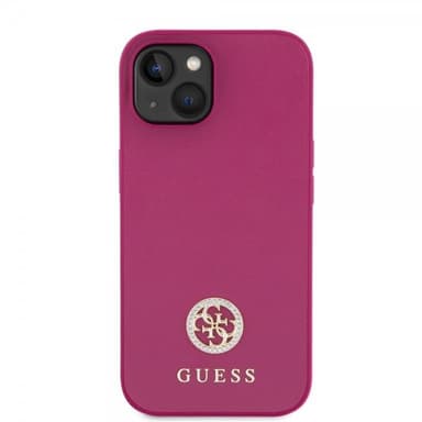 Guess iPhone 15 Cover Metal Logo Strass Metallic Lyserød
